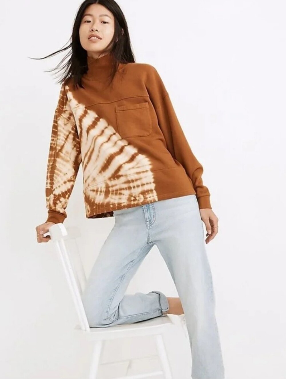 100% Cotton Madewell Burnt Orange/light Brown Tie-Dye Mock Neck Sweatshirt